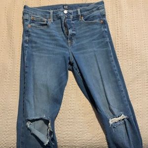 GAP high rise distressed medium wash skinny jeans